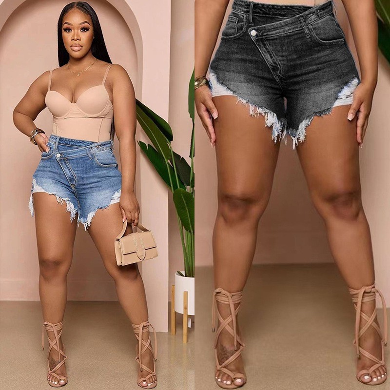 Shorts Denim Frayed - Women's High Waist Skinny Slim Fit