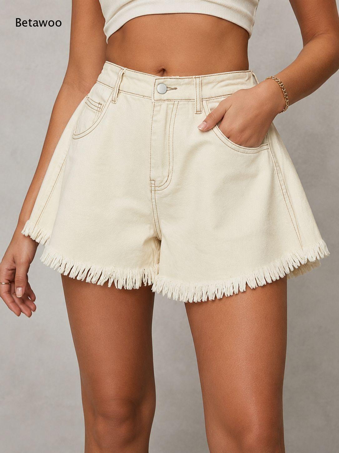 Shorts Denim Frayed - Women Solid White Denim Shorts Mid