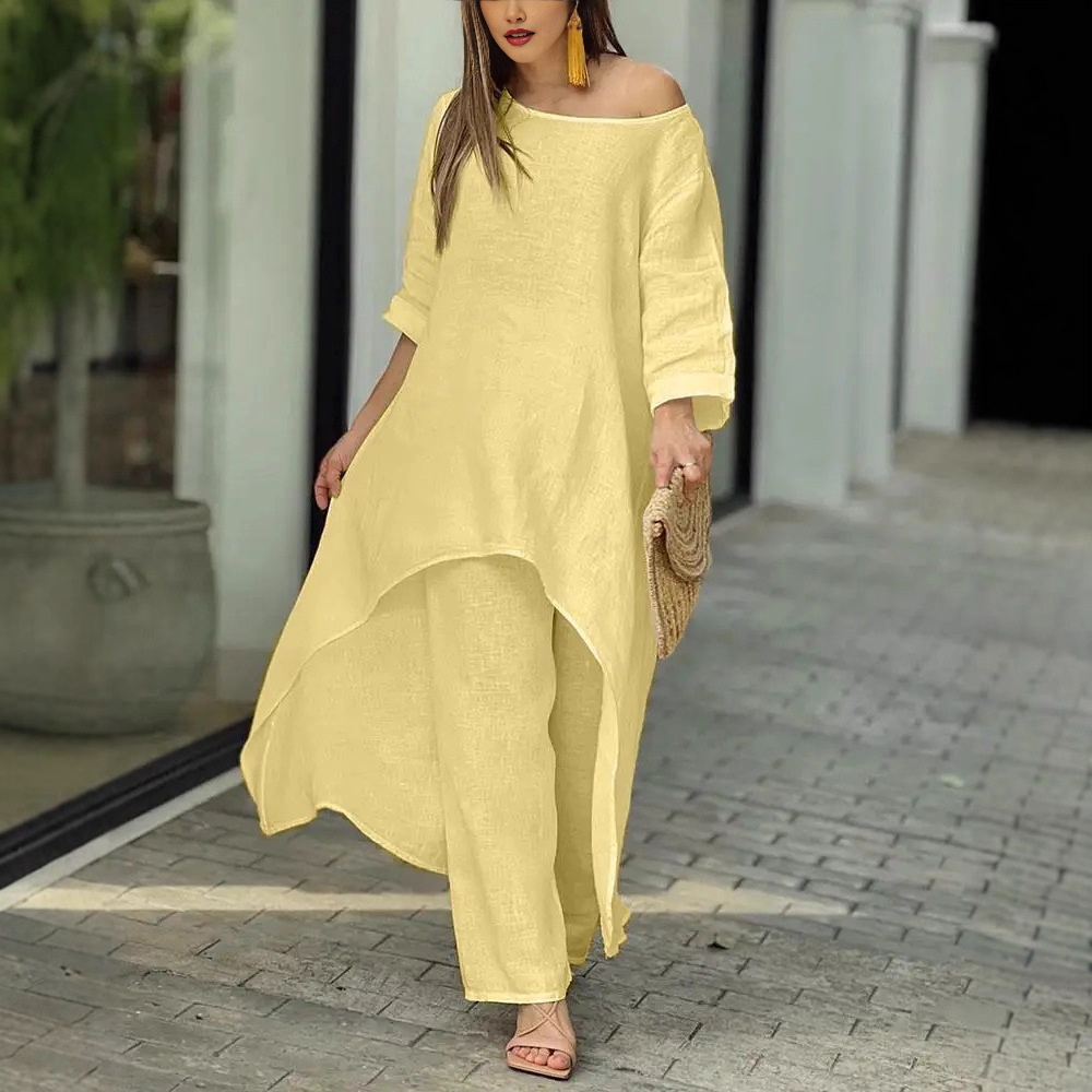 Women Long Top Pant Sets Two P - Linen Pant Wide ulasan dan harga