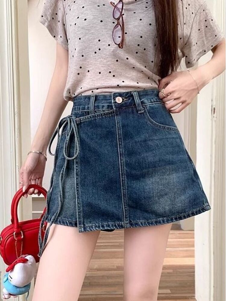 Women High Waist Denim Skort L - Shorts Denim Frayed ulasan dan harga