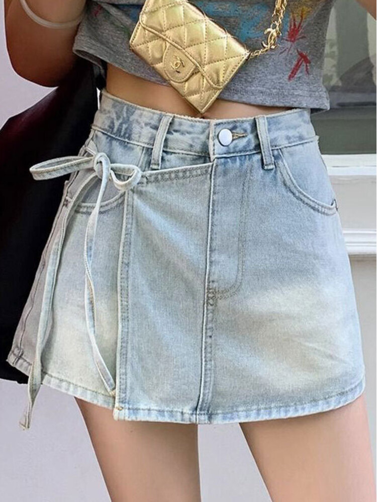 Women High Waist Denim Skort L - Shorts Denim Frayed ulasan dan harga