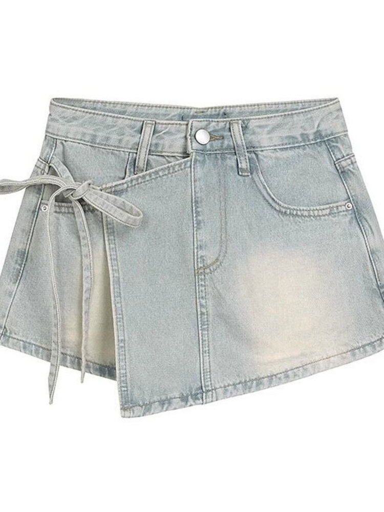 Women High Waist Denim Skort L - Shorts Denim Frayed ulasan dan harga