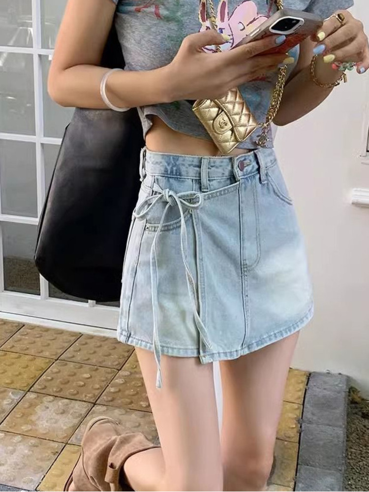 Women High Waist Denim Skort L - Shorts Denim Frayed ulasan dan harga