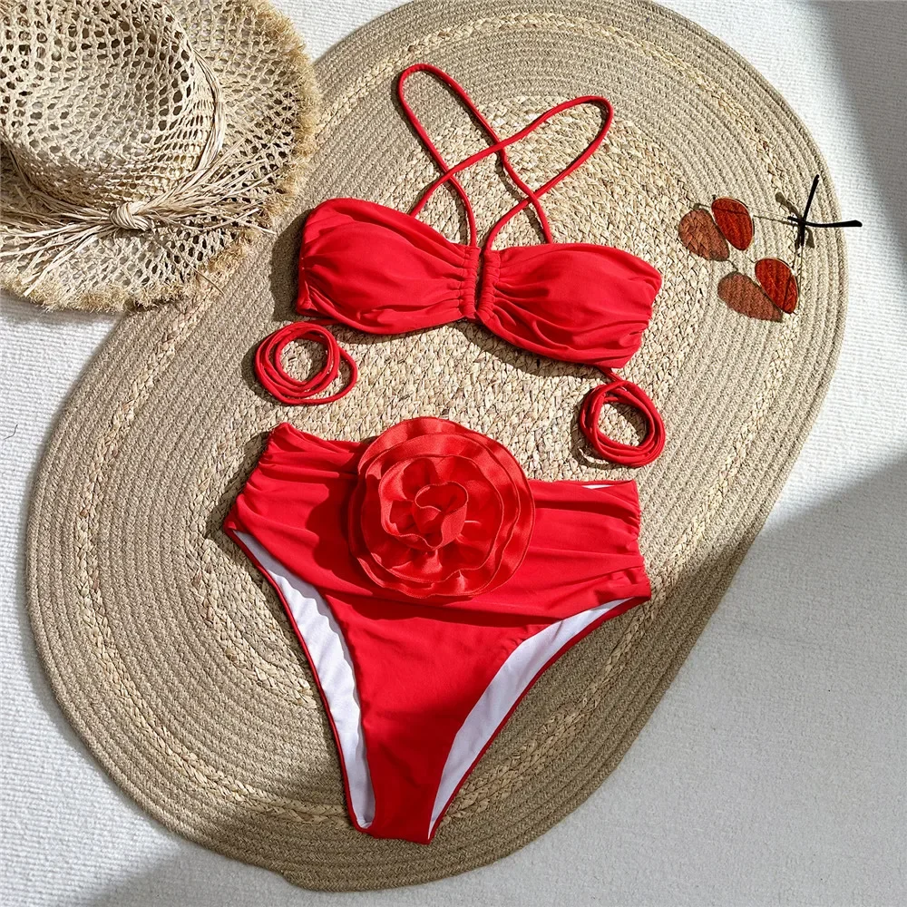 Sexy Red 3D Flower Swimwear Ha - Swimsuit Bikini Ruched ulasan dan harga