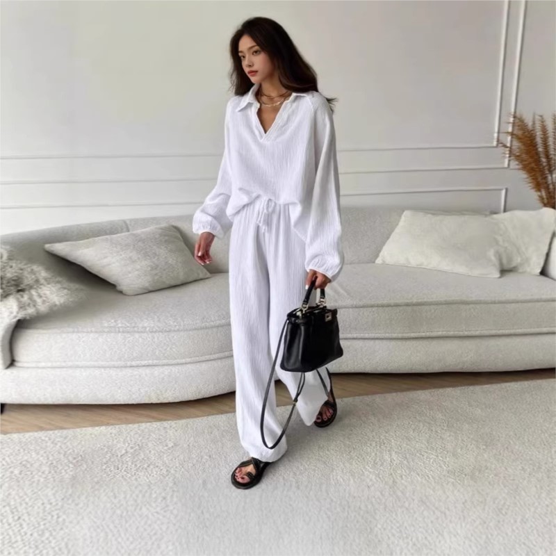 Women's Two-piece V-neck Long- - Linen Pant Wide ulasan dan harga