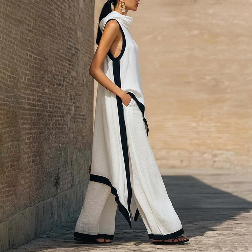 Women Color Block Cotton Linen - Linen Pant Wide ulasan dan harga